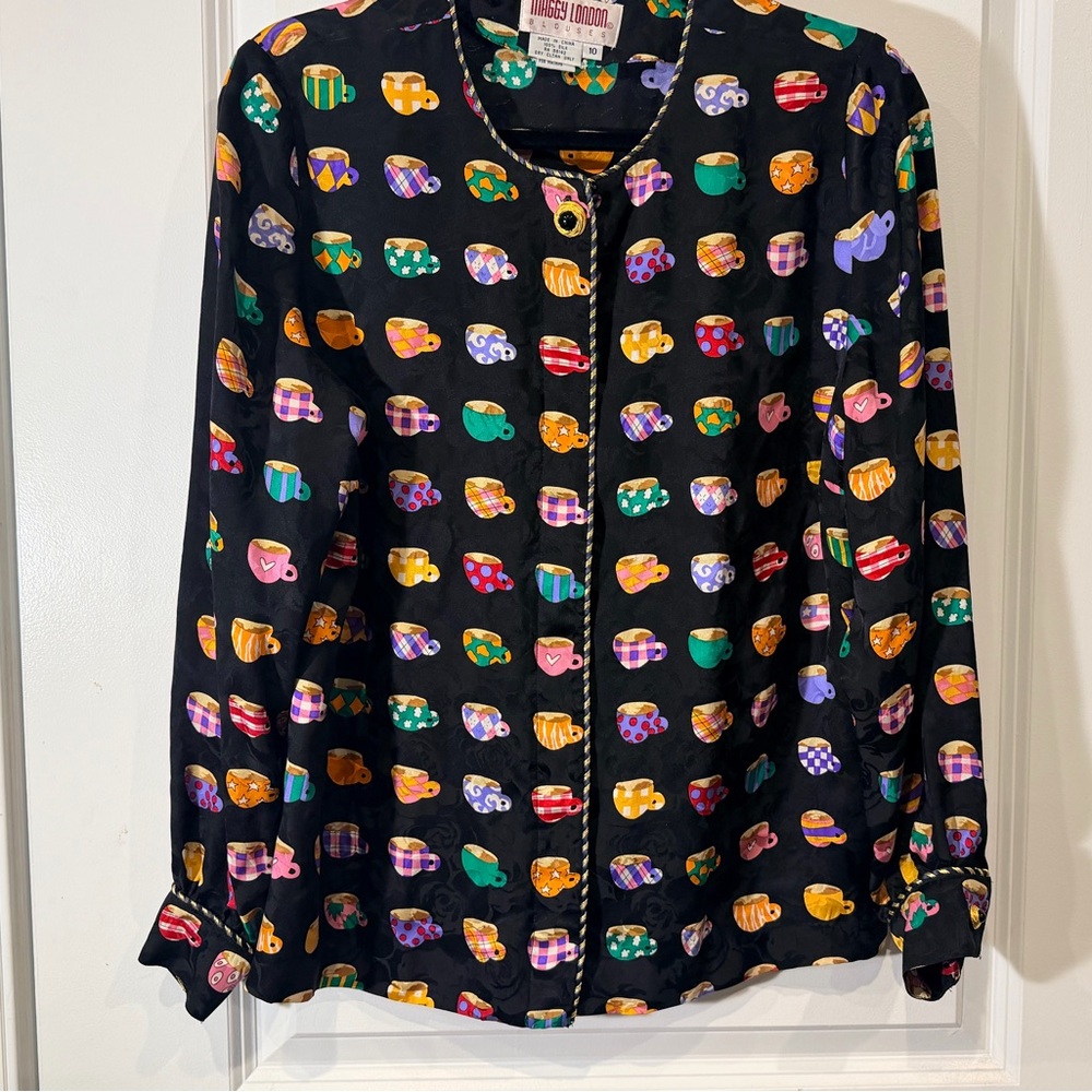 Maggy London Black Button-Up Top with Multicolor Teacup Print